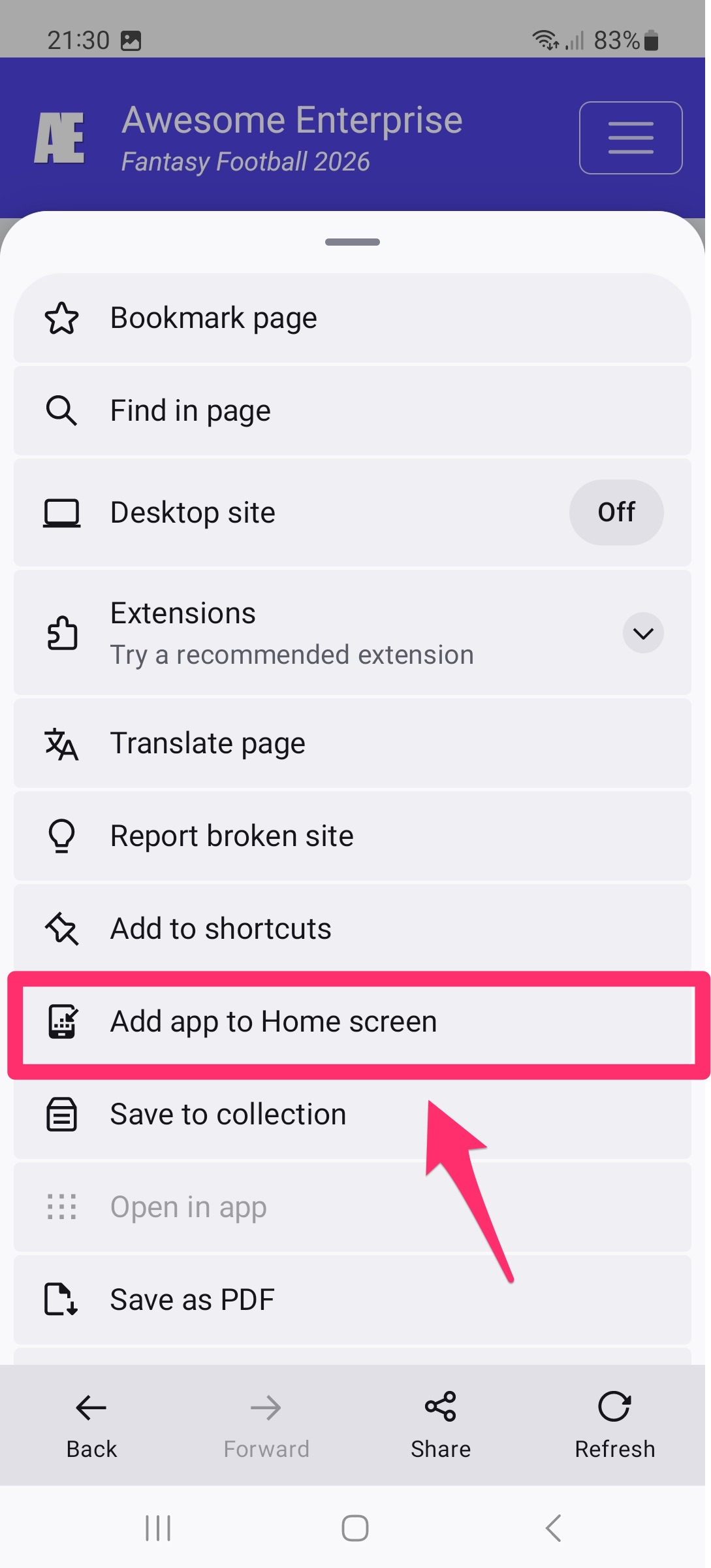 Opción Añadir app a la pantalla de inicio en Firefox para Android